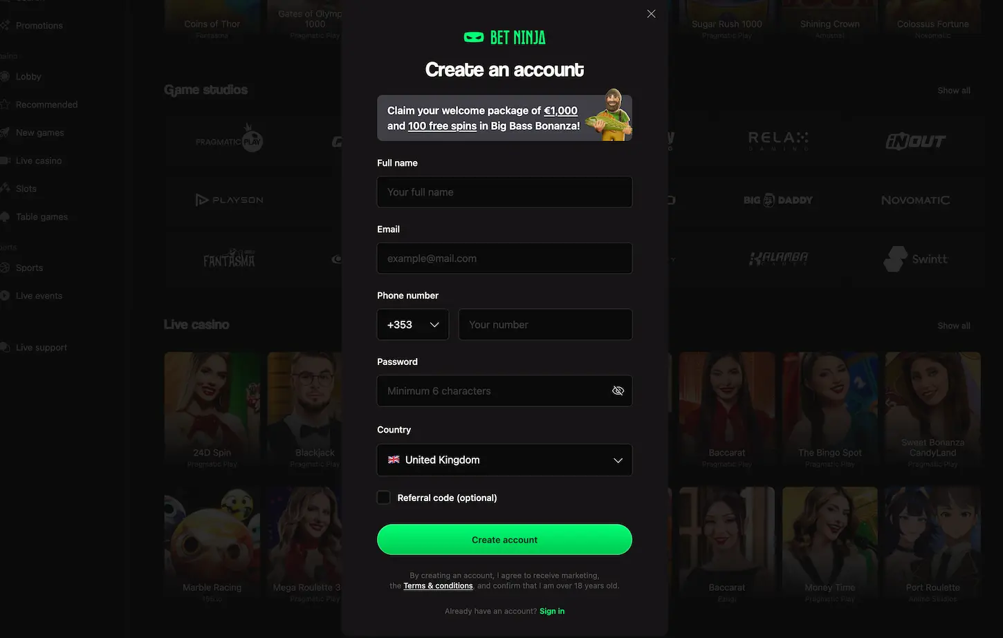 Betninja Casino create account banner