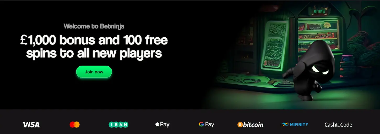 Betninja Casino promo banner — £1,000 bonus and 100 free spins for new players