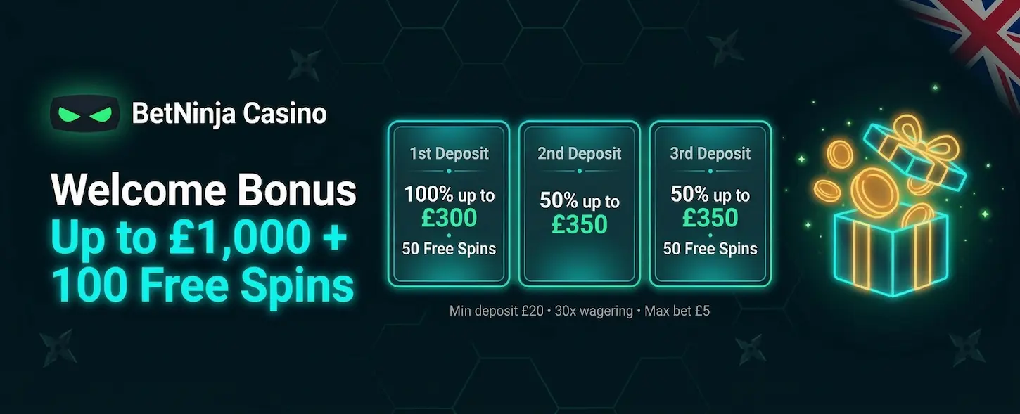 BetNinja Casino welcome bonus for UK players offers up to £1,000 in funds plus 100 free spins across three deposits.