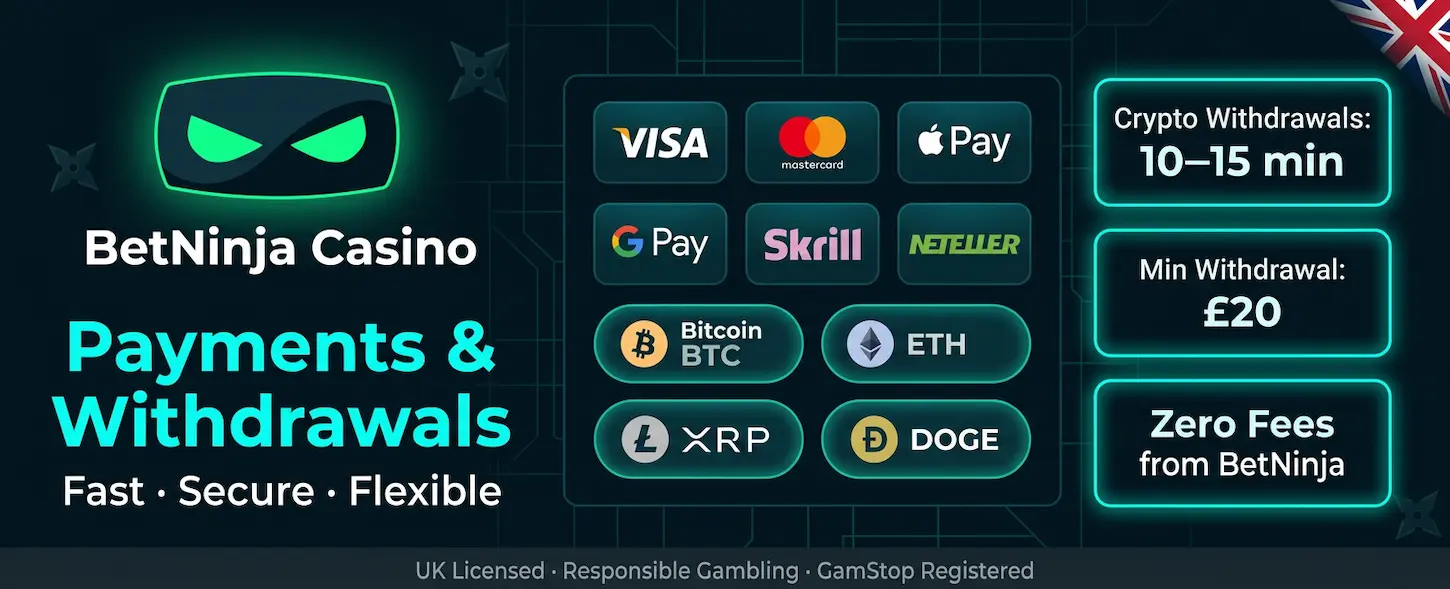 BetNinja Casino payments and withdrawals for UK players — crypto, cards, e-wallets with zero fees and fast processing.